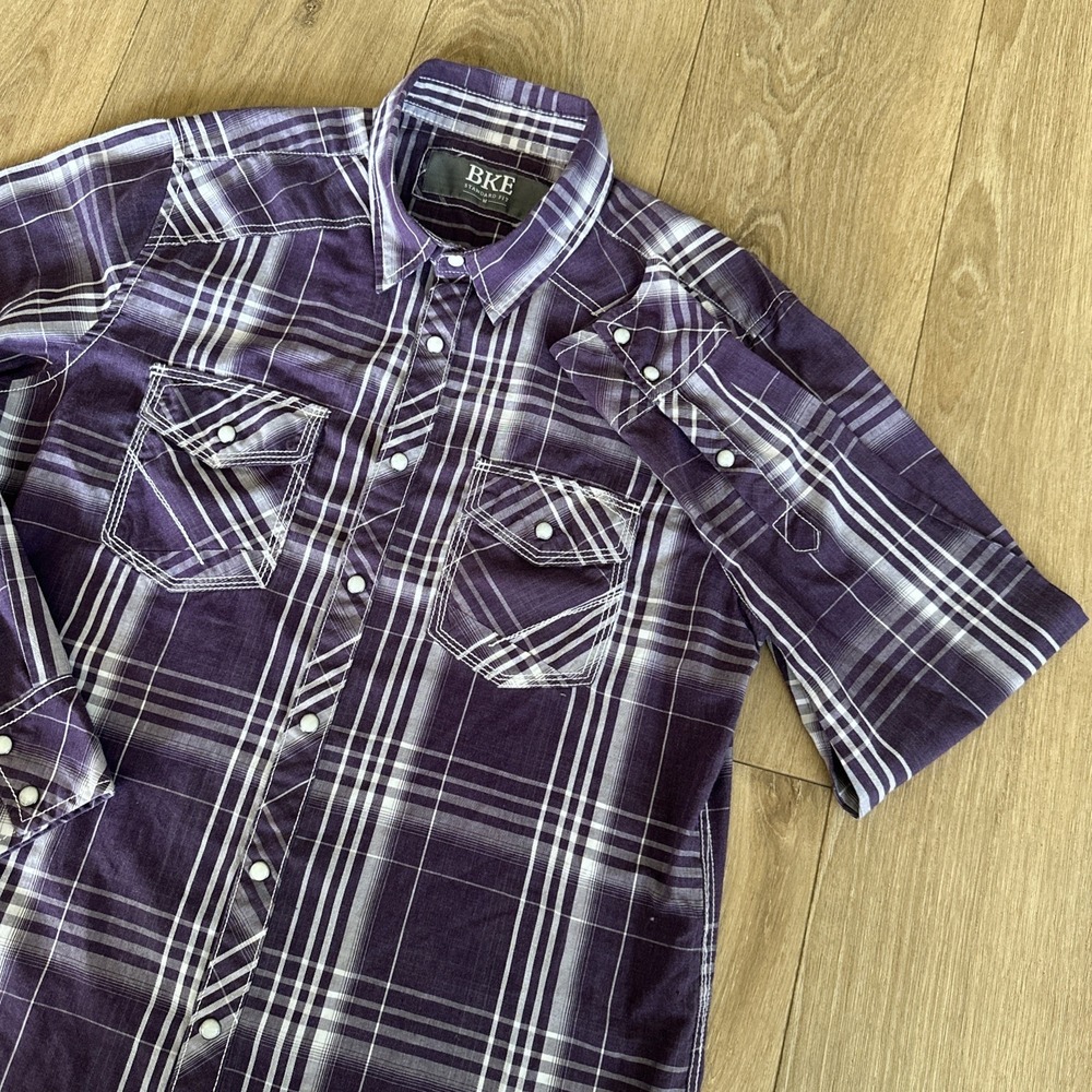 BKE Men's Long Sleeve Pearl Snap Standard Fit Purple Plaid Western Rodeo Medium
